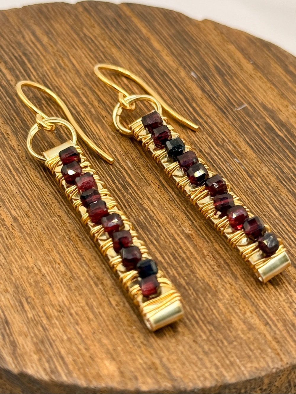 Gold Bar Drop Earrings with Deep Red Garnet gemstone cube Beads